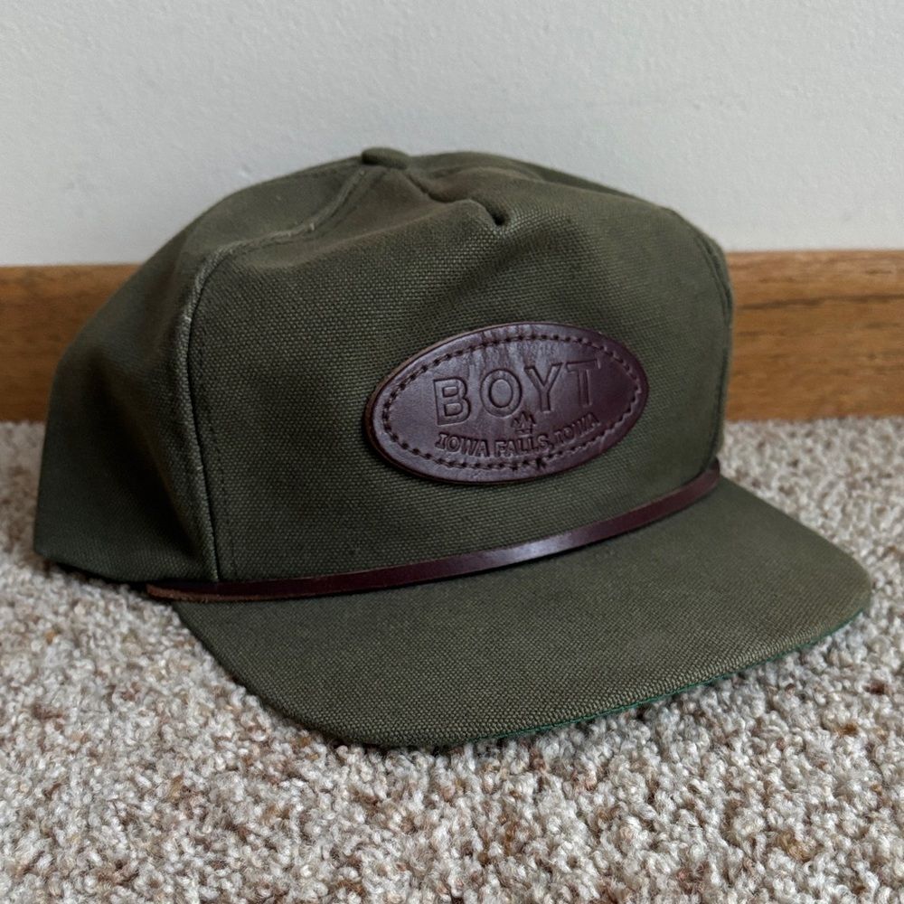 VTG Boyt Harness Company Green Duck Canvas Leather Trucker Hat Cap OS MIUSA